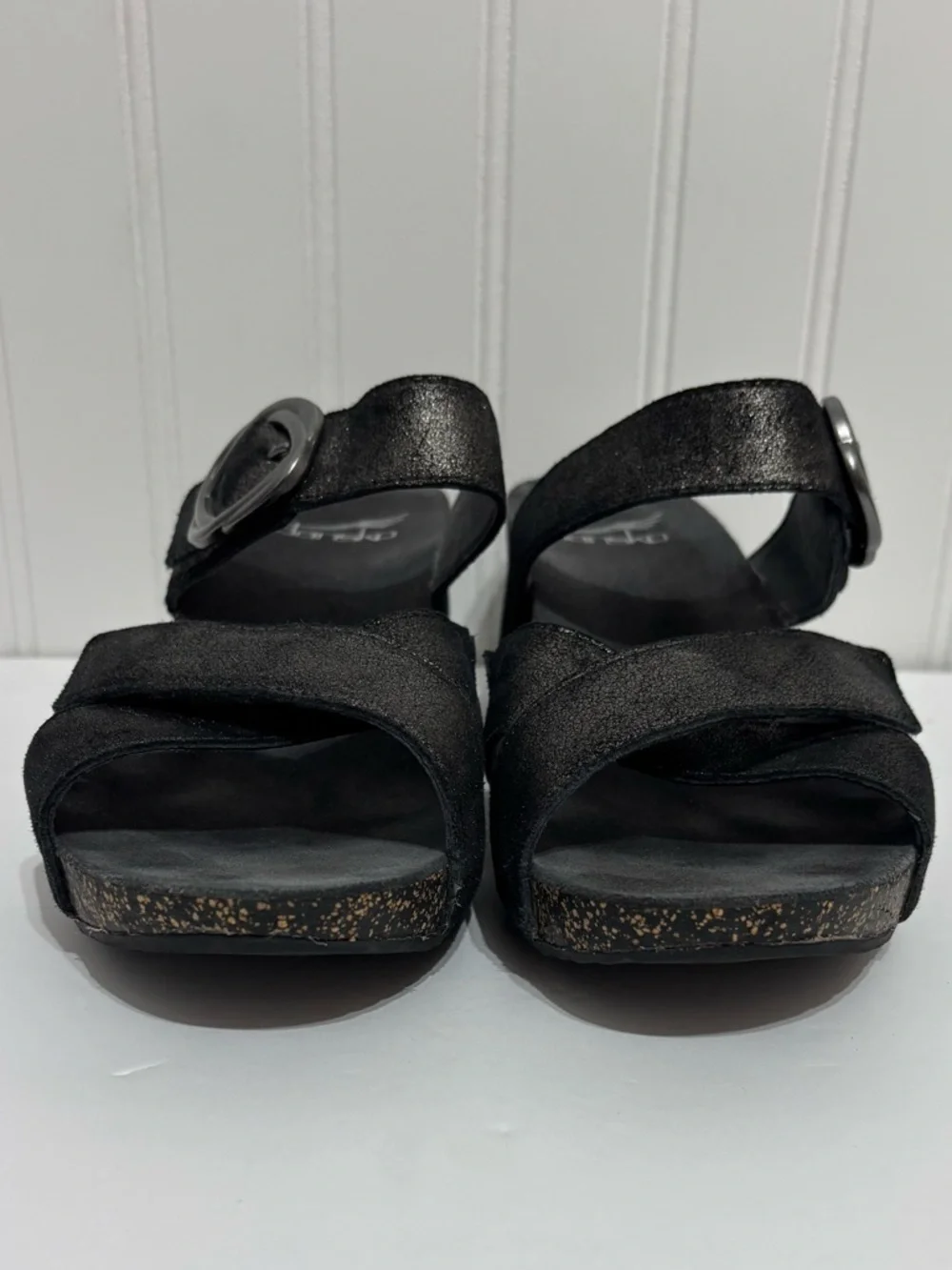 Dansko Susie Black Shimmer Leather Wedge Sandals Size EU 37 US 6.5-7 Comfort
